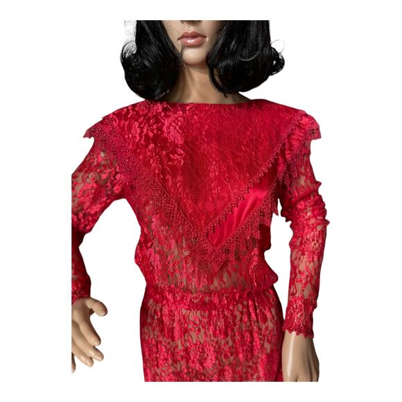Vintage 1980s Red Lace Art Deco Revival Evening Gown Sheer Maxi Dress
 size XS-S - Picture 5 of 16